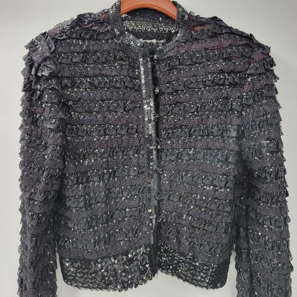 VTG Harry Acton Evening Jacket Womens 8 Black Sequin Lace Satin Ruffles Party - Picture 9 of 16